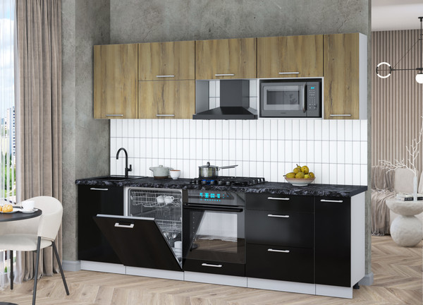 Изображение товара Кухонный гарнитур Интерлиния Мила Gloss 2.6-ПМ2 (черный глянец/дуб вотан/кастилло темный)
