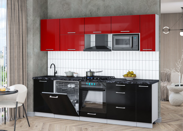 Изображение товара Кухонный гарнитур Интерлиния Мила Gloss 2.6-ПМ2 (черный глянец/красный глянец/кастилло темный)