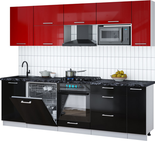 Изображение товара Кухонный гарнитур Интерлиния Мила Gloss 2.6-ПМ2 (черный глянец/красный глянец/кастилло темный)