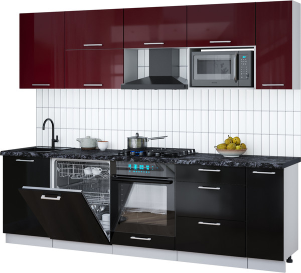 Изображение товара Кухонный гарнитур Интерлиния Мила Gloss 2.6-ПМ2 (черный глянец/бордовый глянец/кастилло темный)