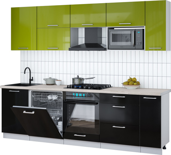 Изображение товара Кухонный гарнитур Интерлиния Мила Gloss 2.6-ПМ2 (черный глянец/яблоко глянец/травертин серый)