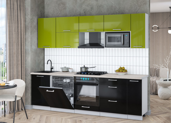 Изображение товара Кухонный гарнитур Интерлиния Мила Gloss 2.6-ПМ2 (черный глянец/яблоко глянец/травертин серый)