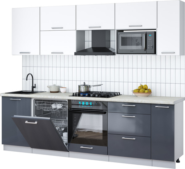 Изображение товара Кухонный гарнитур Интерлиния Мила Gloss 2.6-ПМ2 (асфальт глянец/белый/опал светлый)