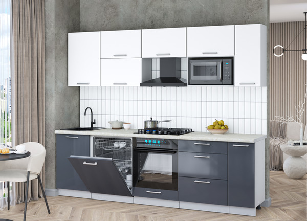 Изображение товара Кухонный гарнитур Интерлиния Мила Gloss 2.6-ПМ2 (асфальт глянец/белый/опал светлый)