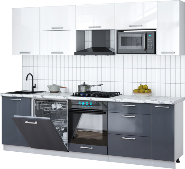 Изображение товара Кухонный гарнитур Интерлиния Мила Gloss 2.6-ПМ2 (асфальт глянец/белый глянец/белый гранит)