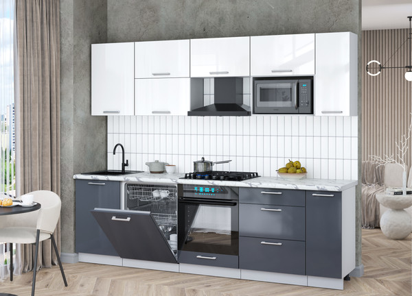 Изображение товара Кухонный гарнитур Интерлиния Мила Gloss 2.6-ПМ2 (асфальт глянец/белый глянец/белый гранит)