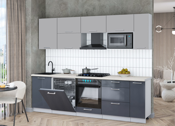 Изображение товара Кухонный гарнитур Интерлиния Мила Gloss 2.6-ПМ2 (асфальт глянец/грей/бискайская сосна)