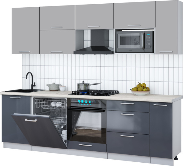 Изображение товара Кухонный гарнитур Интерлиния Мила Gloss 2.6-ПМ2 (асфальт глянец/грей/бискайская сосна)