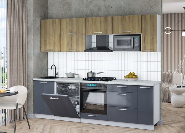 Изображение товара Кухонный гарнитур Интерлиния Мила Gloss 2.6-ПМ2 (асфальт глянец/дуб вотан/серый каспий)