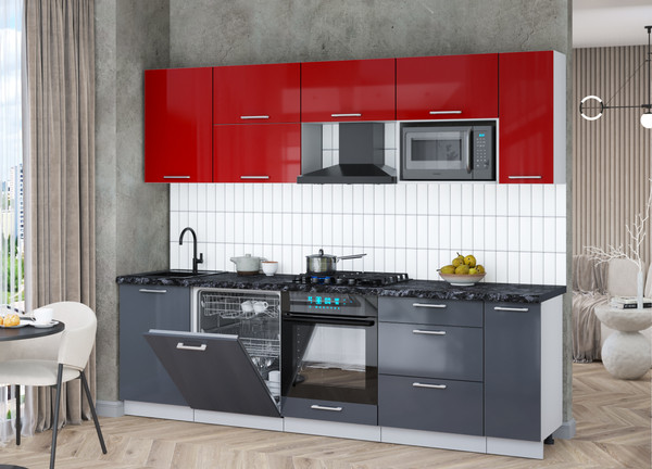 Изображение товара Кухонный гарнитур Интерлиния Мила Gloss 2.6-ПМ2 (асфальт глянец/красный глянец/кастилло темный)