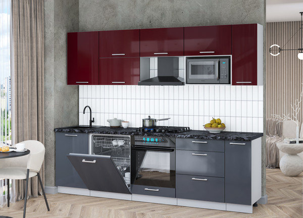 Изображение товара Кухонный гарнитур Интерлиния Мила Gloss 2.6-ПМ2 (асфальт глянец/бордовый глянец/кастилло темный)