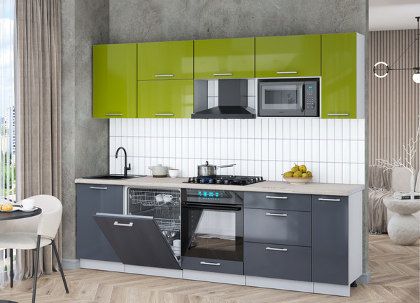 Изображение товара Кухонный гарнитур Интерлиния Мила Gloss 2.6-ПМ2 (асфальт глянец/яблоко глянец/травертин серый)