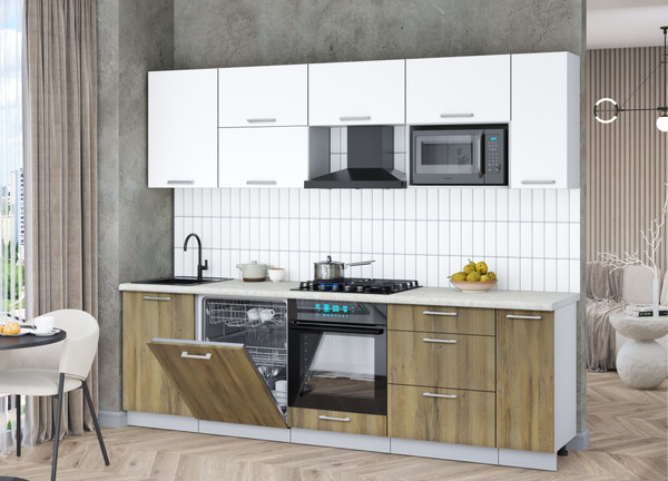 Изображение товара Кухонный гарнитур Интерлиния Мила Gloss 2.6-ПМ2 (дуб вотан/белый/опал светлый)