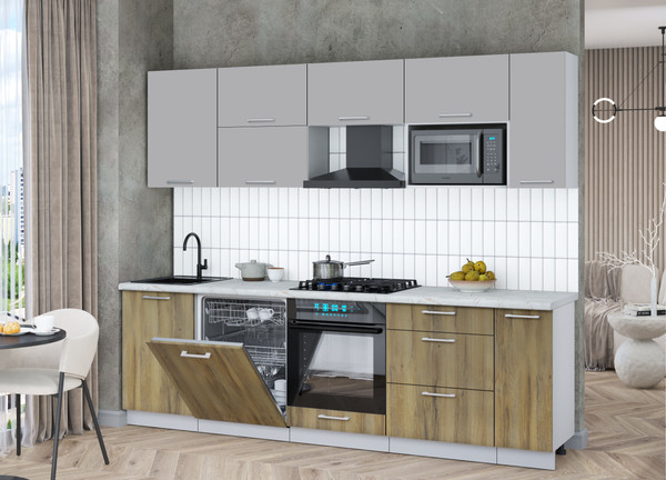 Изображение товара Кухонный гарнитур Интерлиния Мила Gloss 2.6-ПМ2 (дуб вотан/грей/серый каспий)