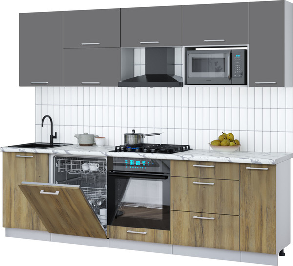 Изображение товара Кухонный гарнитур Интерлиния Мила Gloss 2.6-ПМ2 (дуб вотан/серый/белый гранит)