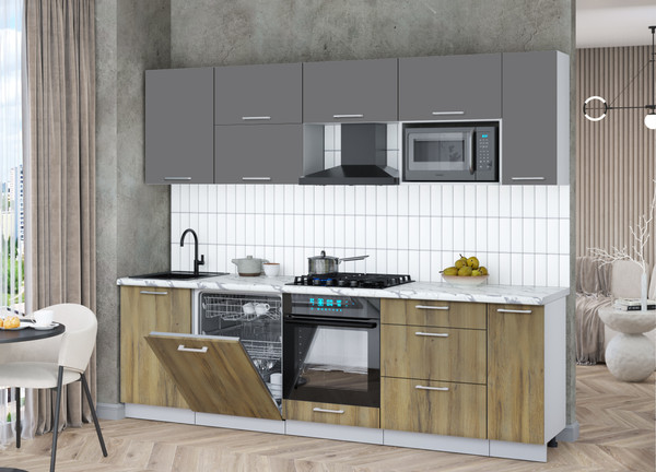 Изображение товара Кухонный гарнитур Интерлиния Мила Gloss 2.6-ПМ2 (дуб вотан/серый/белый гранит)