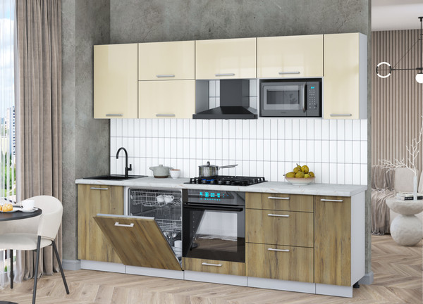 Изображение товара Кухонный гарнитур Интерлиния Мила Gloss 2.6-ПМ2 (дуб вотан/ваниль глянец/серый каспий)