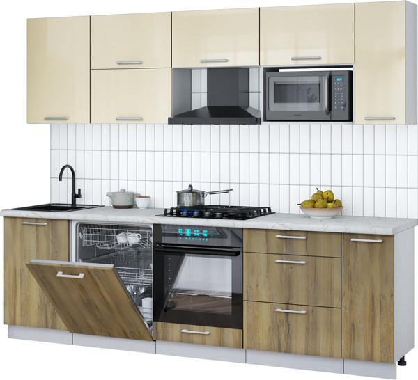 Изображение товара Кухонный гарнитур Интерлиния Мила Gloss 2.6-ПМ2 (дуб вотан/ваниль глянец/серый каспий)