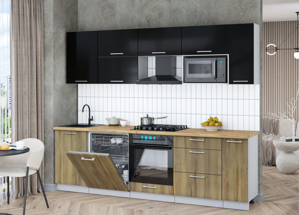 Изображение товара Кухонный гарнитур Интерлиния Мила Gloss 2.6-ПМ2 (дуб вотан/черный глянец/дуб бунратти)