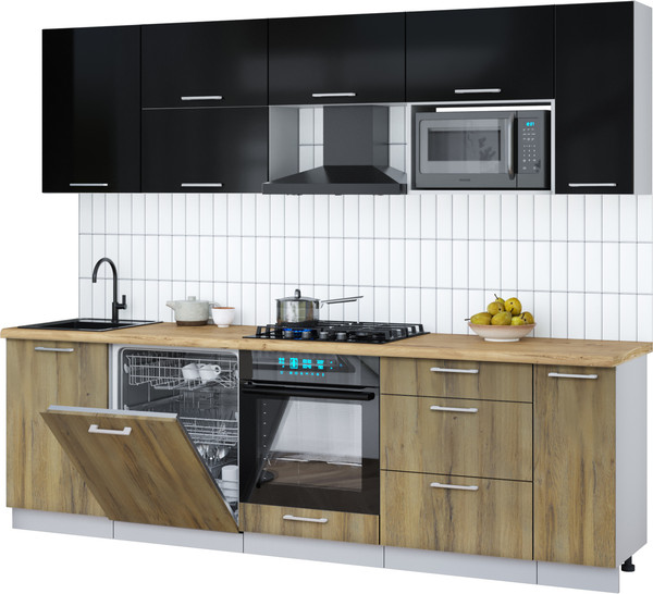 Изображение товара Кухонный гарнитур Интерлиния Мила Gloss 2.6-ПМ2 (дуб вотан/черный глянец/дуб бунратти)