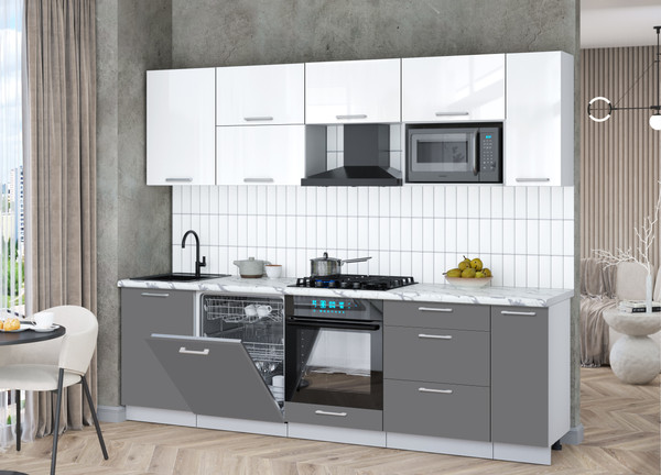 Изображение товара Кухонный гарнитур Интерлиния Мила Gloss 2.6-ПМ2 (серый/белый глянец/белый гранит)