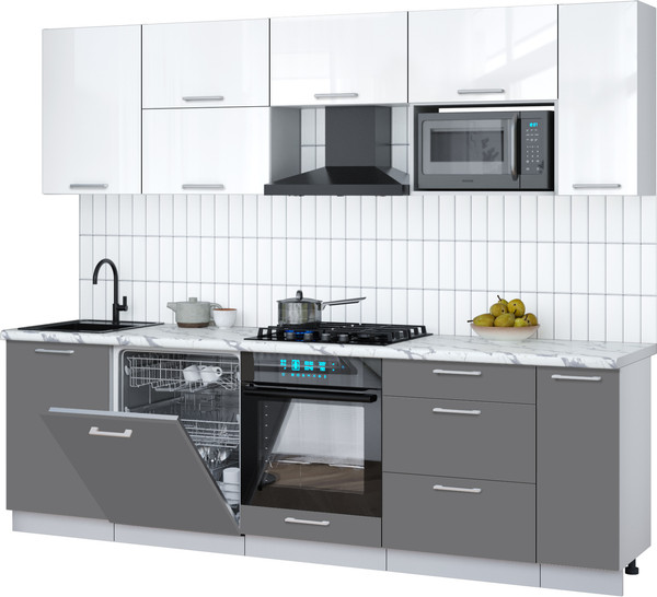 Изображение товара Кухонный гарнитур Интерлиния Мила Gloss 2.6-ПМ2 (серый/белый глянец/белый гранит)