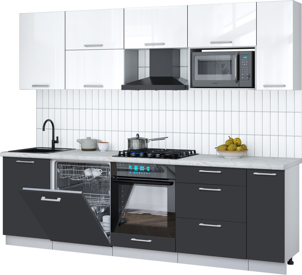 Изображение товара Кухонный гарнитур Интерлиния Мила Gloss 2.6-ПМ2 (пепел/белый глянец/серый каспий)