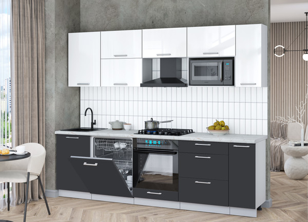 Изображение товара Кухонный гарнитур Интерлиния Мила Gloss 2.6-ПМ2 (пепел/белый глянец/серый каспий)