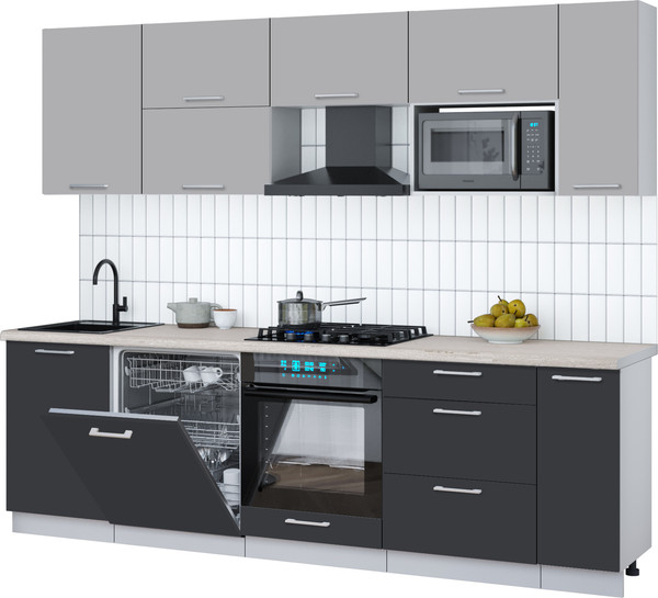 Изображение товара Кухонный гарнитур Интерлиния Мила Gloss 2.6-ПМ2 (пепел/грей/травертин серый)