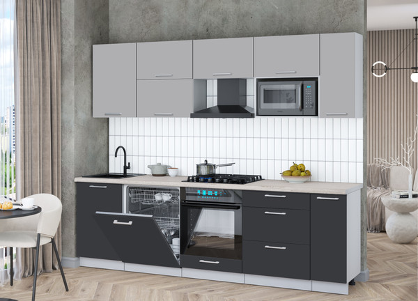 Изображение товара Кухонный гарнитур Интерлиния Мила Gloss 2.6-ПМ2 (пепел/грей/травертин серый)