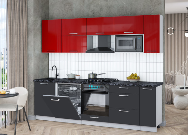 Изображение товара Кухонный гарнитур Интерлиния Мила Gloss 2.6-ПМ2 (пепел/красный глянец/кастилло темный)