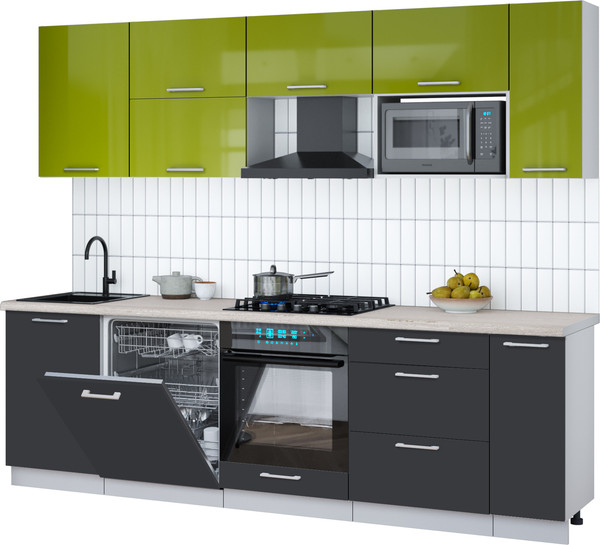 Изображение товара Кухонный гарнитур Интерлиния Мила Gloss 2.6-ПМ2 (пепел/яблоко глянец/травертин серый)