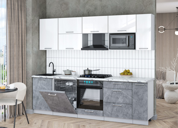 Изображение товара Кухонный гарнитур Интерлиния Мила Gloss 2.6-ПМ2 (керамика/белый глянец/белый гранит)