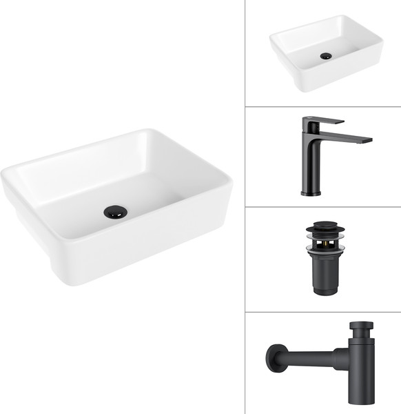 Изображение товара Умывальник со смесителем Lauter 21675 + Reef 21CK678BS + сифон 21635B + донный клапан 21190B (черный матовый)