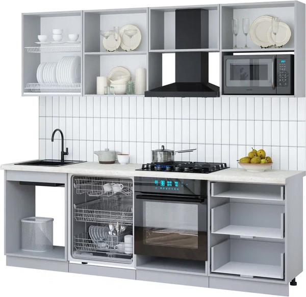 Изображение товара Кухонный гарнитур Интерлиния Мила Gloss 2.4-ПМ2 (пепел/белый глянец/серый каспий)