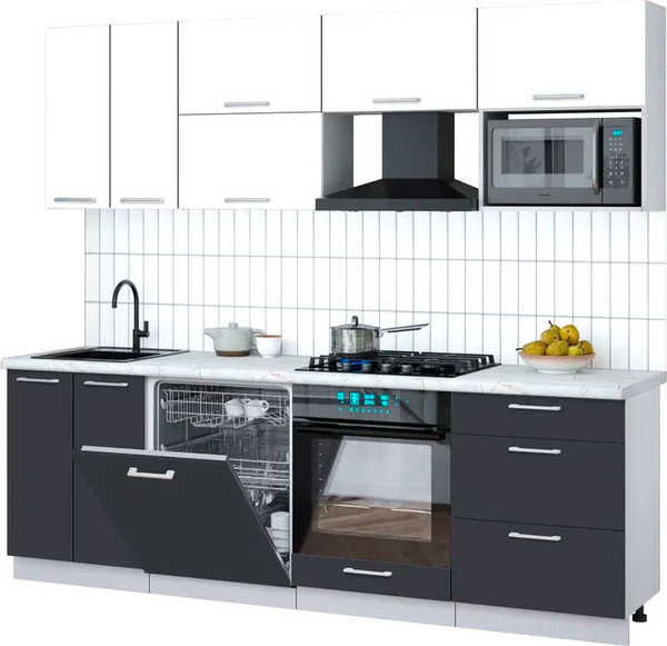 Изображение товара Кухонный гарнитур Интерлиния Мила Gloss 2.4-ПМ2 (пепел/белый глянец/серый каспий)