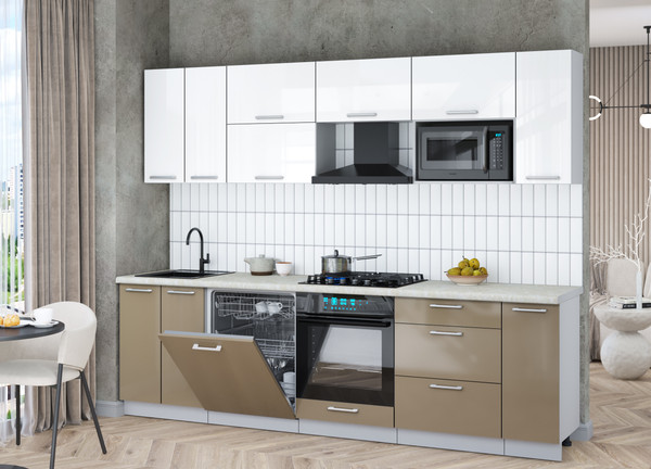 Изображение товара Кухонный гарнитур Интерлиния Мила Gloss 2.7-ПМ2 (капучино глянец/белый глянец/опал светлый)