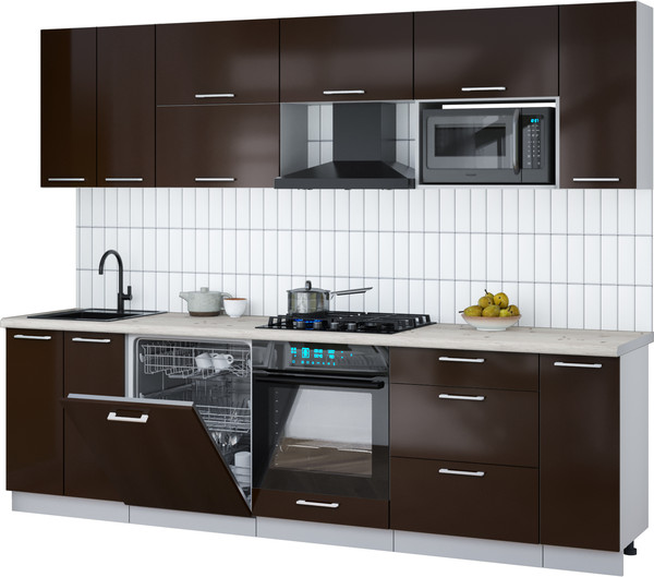 Изображение товара Кухонный гарнитур Интерлиния Мила Gloss 2.7-ПМ2 (шоколад глянец/шоколад глянец/бискайская сосна)