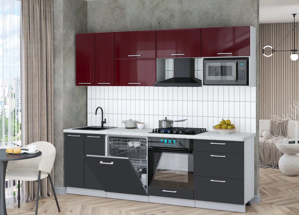 Изображение товара Кухонный гарнитур Интерлиния Мила Gloss 2.4-ПМ2 (пепел/бордовый глянец/серый каспий)