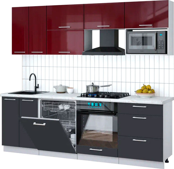 Изображение товара Кухонный гарнитур Интерлиния Мила Gloss 2.4-ПМ2 (пепел/бордовый глянец/серый каспий)