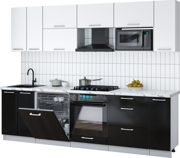 Изображение товара Кухонный гарнитур Интерлиния Мила Gloss 2.7-ПМ2 (черный глянец/белый/белый гранит)
