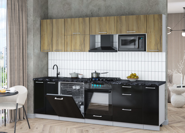 Изображение товара Кухонный гарнитур Интерлиния Мила Gloss 2.7-ПМ2 (черный глянец/дуб вотан/кастилло темный)