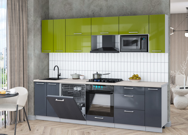 Изображение товара Кухонный гарнитур Интерлиния Мила Gloss 2.7-ПМ2 (асфальт глянец/яблоко глянец/травертин серый)