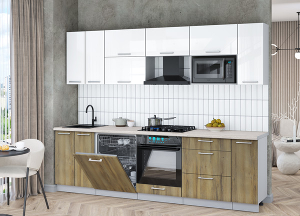 Изображение товара Кухонный гарнитур Интерлиния Мила Gloss 2.7-ПМ2 (дуб вотан/белый глянец/травертин серый)