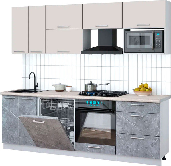 Изображение товара Кухонный гарнитур Интерлиния Мила Gloss 2.4-ПМ2 (керамика/кашемир/травертин серый)