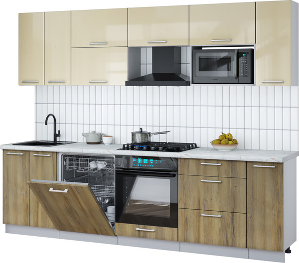 Изображение товара Кухонный гарнитур Интерлиния Мила Gloss 2.7-ПМ2 (дуб вотан/ваниль глянец/серый каспий)