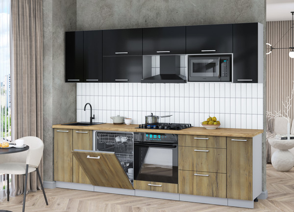 Изображение товара Кухонный гарнитур Интерлиния Мила Gloss 2.7-ПМ2 (дуб вотан/черный глянец/дуб бунратти)