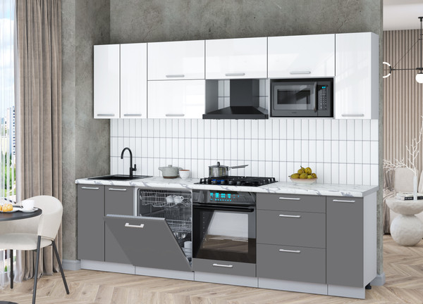 Изображение товара Кухонный гарнитур Интерлиния Мила Gloss 2.7-ПМ2 (серый/белый глянец/белый гранит)