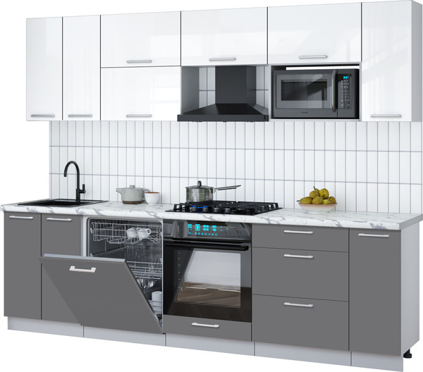 Изображение товара Кухонный гарнитур Интерлиния Мила Gloss 2.7-ПМ2 (серый/белый глянец/белый гранит)