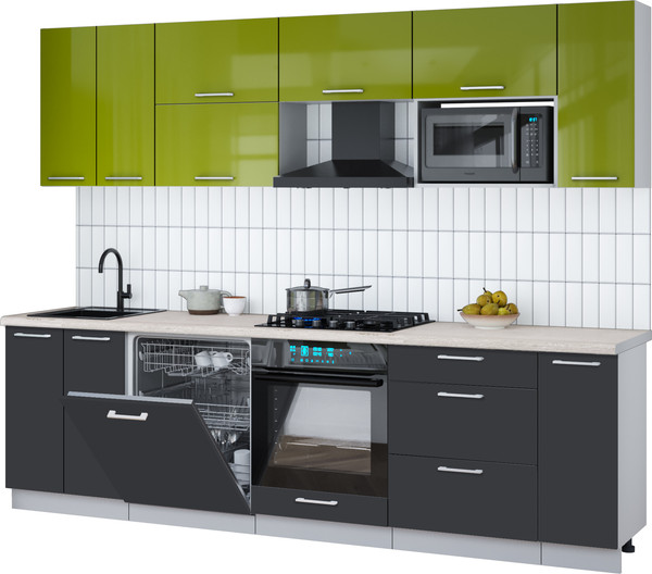 Изображение товара Кухонный гарнитур Интерлиния Мила Gloss 2.7-ПМ2 (пепел/яблоко глянец/травертин серый)